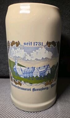 vntg 1-liter stoneware beer stein from the Klosterbrauerei Kreuzberg in Germany
